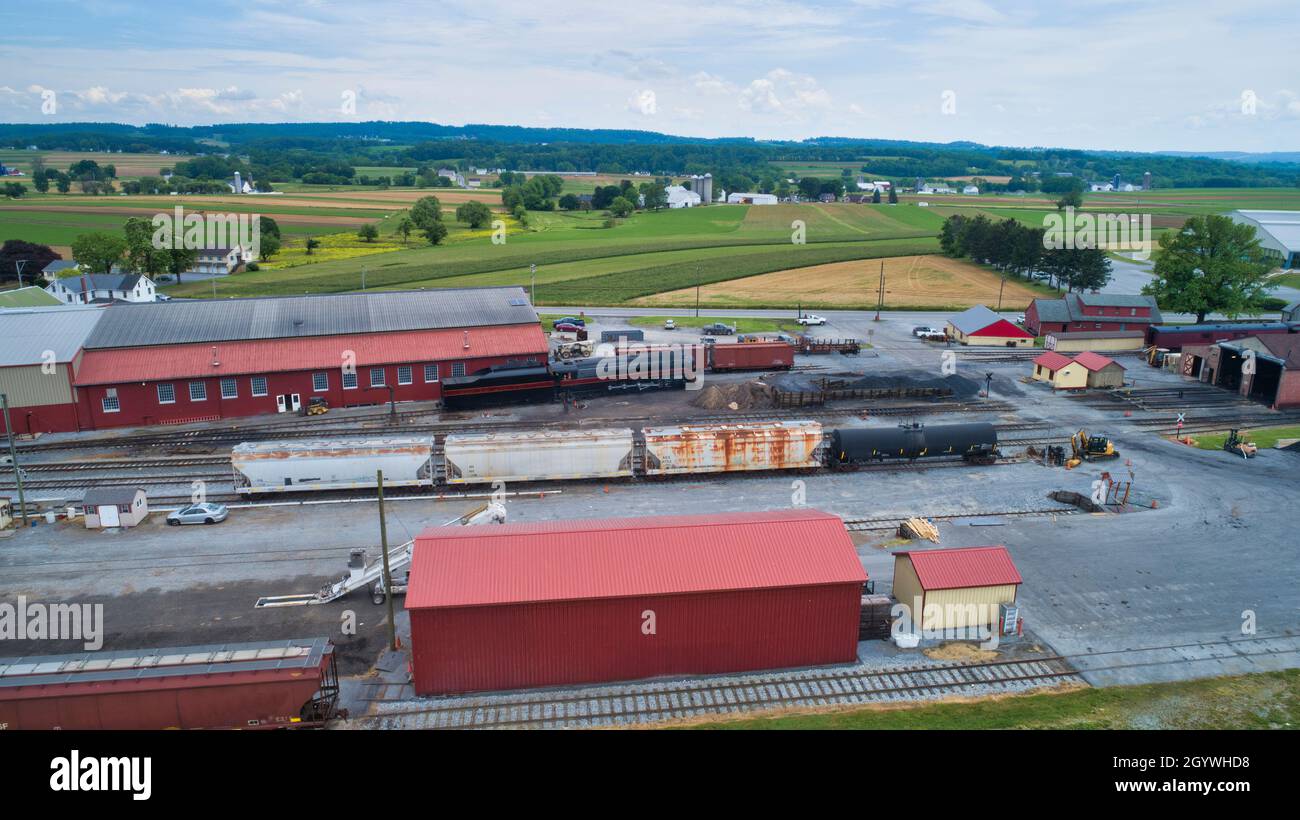 Strasburg, Pennsylvania, June 2021 Aerial View of a Freight Yard With