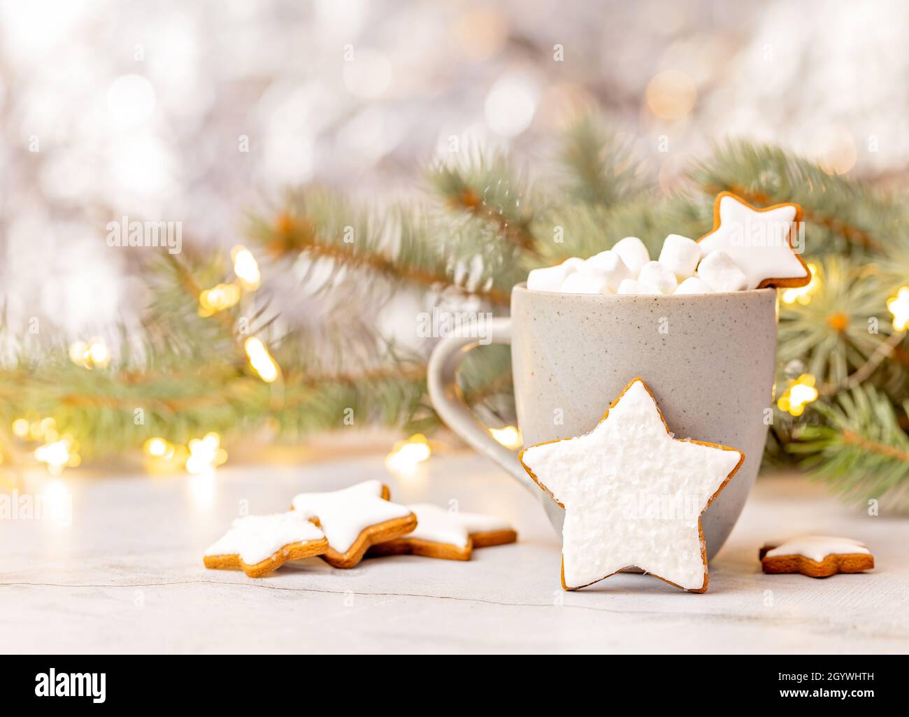 Star shaped Gingerbread cookies with a mug of hot chocolate and marshmallows over a  Christmas lights background. Stock Photo