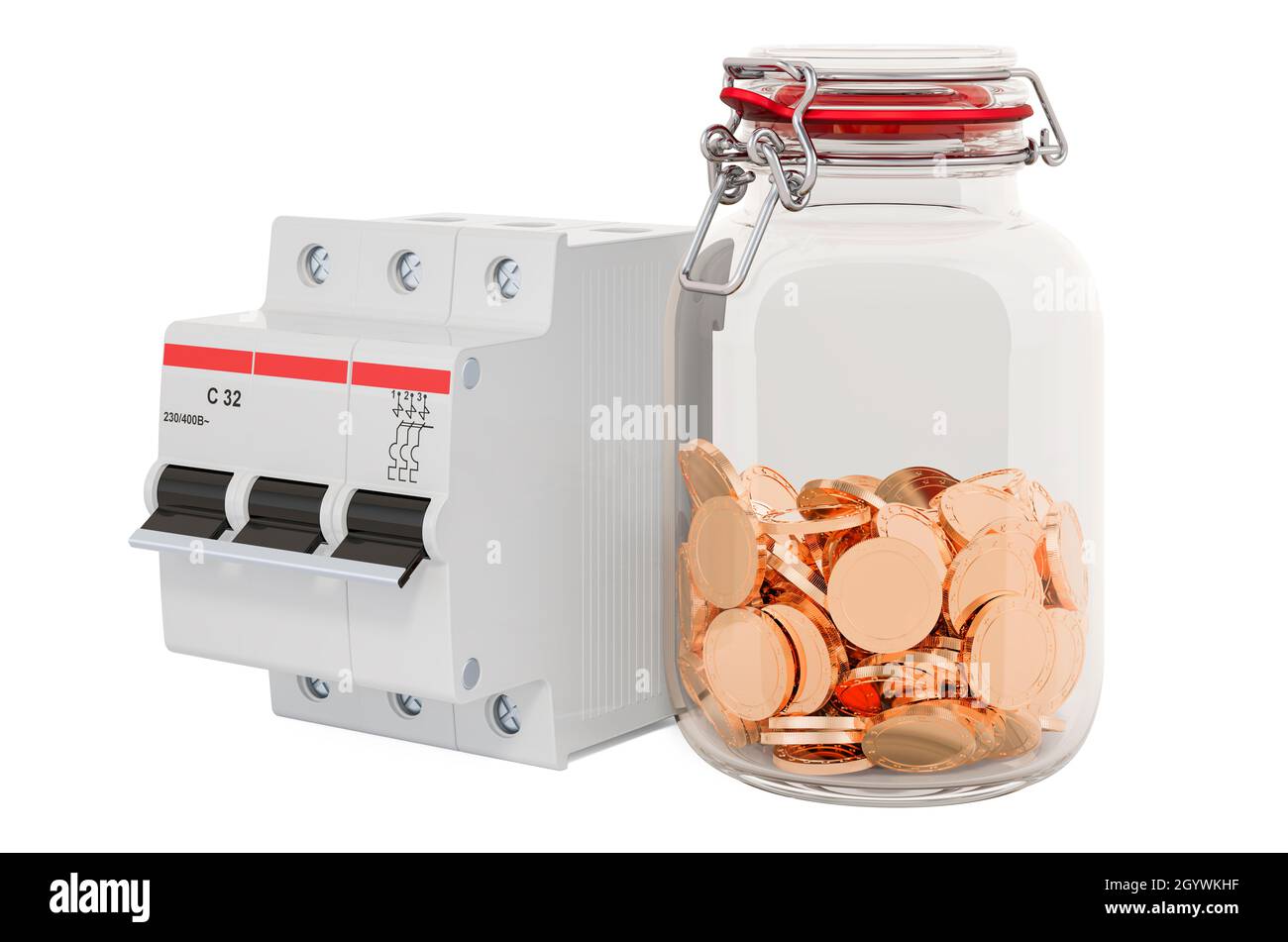 Circuit breaker with glass jar full of golden coins, 3D rendering isolated on white background Stock Photo