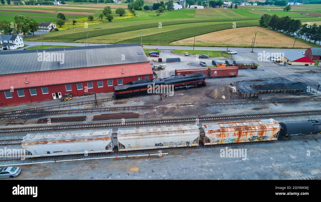 Strasburg, Pennsylvania, June 2021 Aerial View of a Freight Yard With