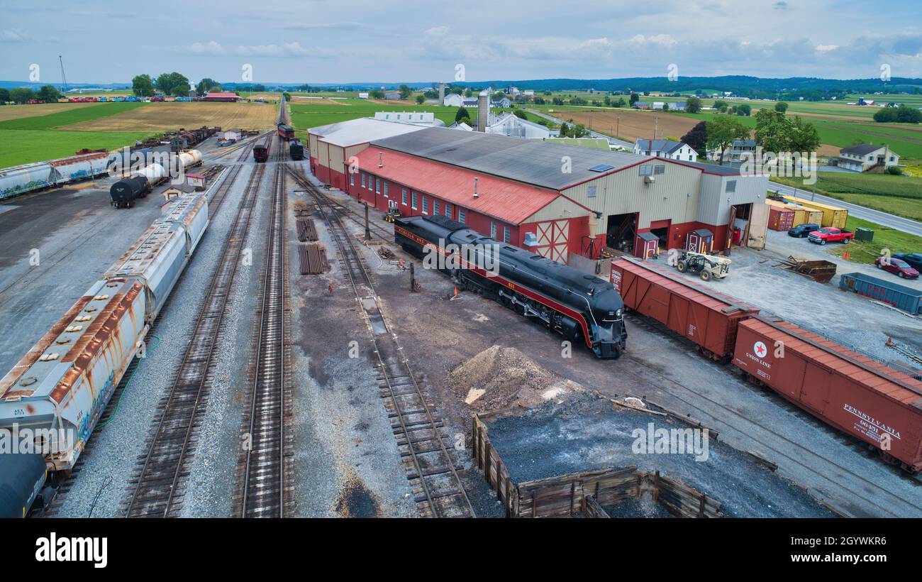 Strasburg, Pennsylvania, June 2021 Aerial View of a Freight Yard With