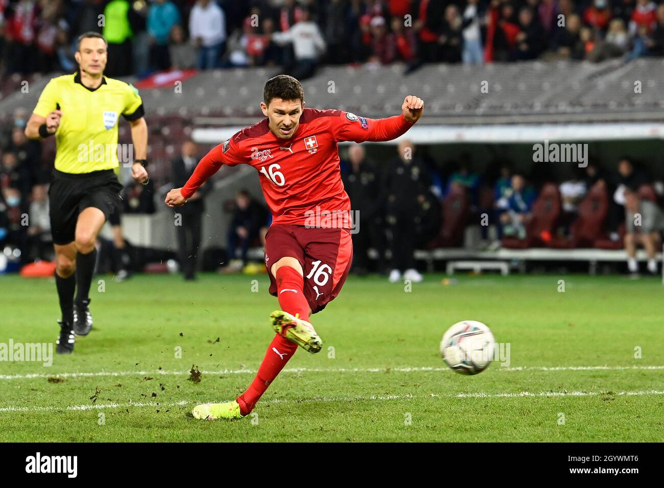 Switzerland’s Christian Fassnacht scores their side's second goal of the game during the FIFA World Cup Qualifying match at Stade de Geneve, Switzerland. Picture date: Saturday October 9, 2021. Stock Photo