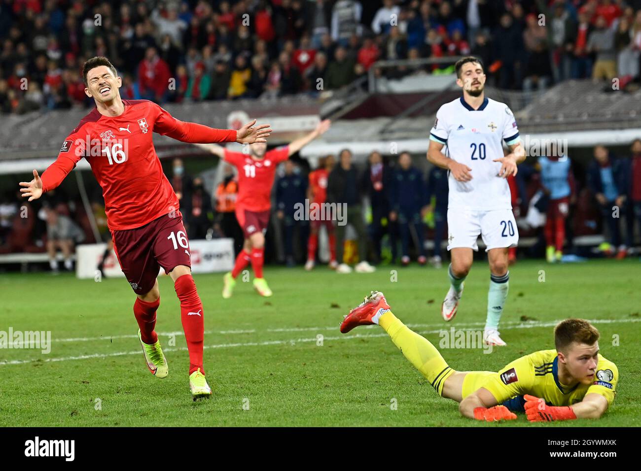 Switzerland’s Christian Fassnacht celebrates scoring their side's second goal of the game during the FIFA World Cup Qualifying match at Stade de Geneve, Switzerland. Picture date: Saturday October 9, 2021. Stock Photo