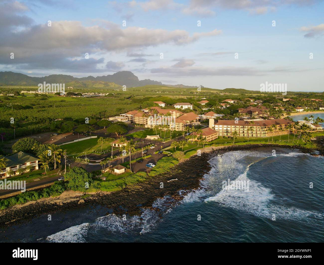 Aerial view of Poipu shoreline with Sheraton Kauai Resort Stock Photo