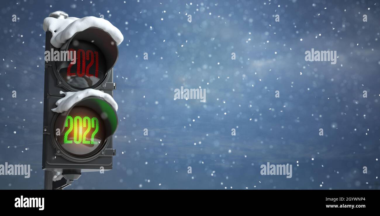 Happy new year 2022. Traffic light with green light 2022  and red 2021 on sky background. 3d illustration Stock Photo
