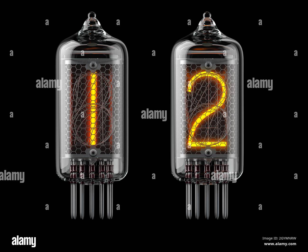 Nixie tube indicator. Number 1 one and 3 two on black background. 3d