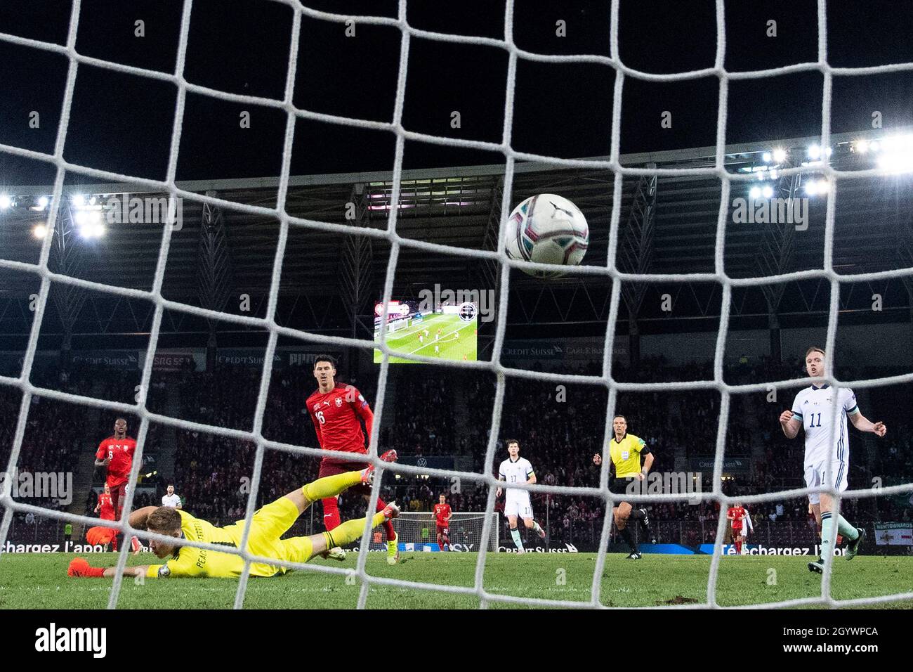 Switzerland's Christian Fassnacht scores their side's second goal of the game during the FIFA World Cup Qualifying match at Stade de Geneve, Switzerland. Picture date: Saturday October 9, 2021. Stock Photo
