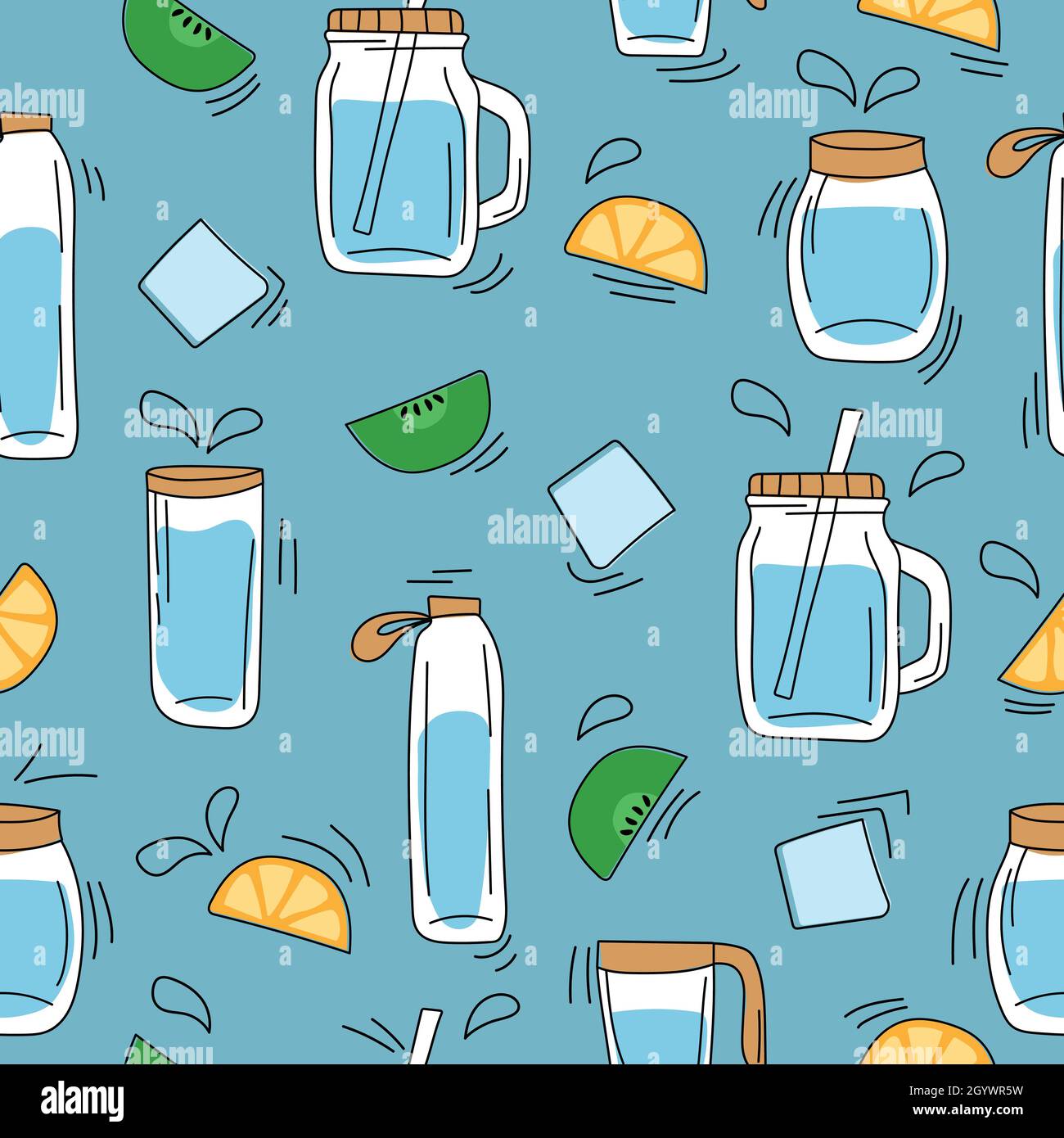 Seamless pattern on blue - hand drawn glass water bottles. Decor from oranges, ice, kiwi. Summer fresh drinks concept Stock Vector