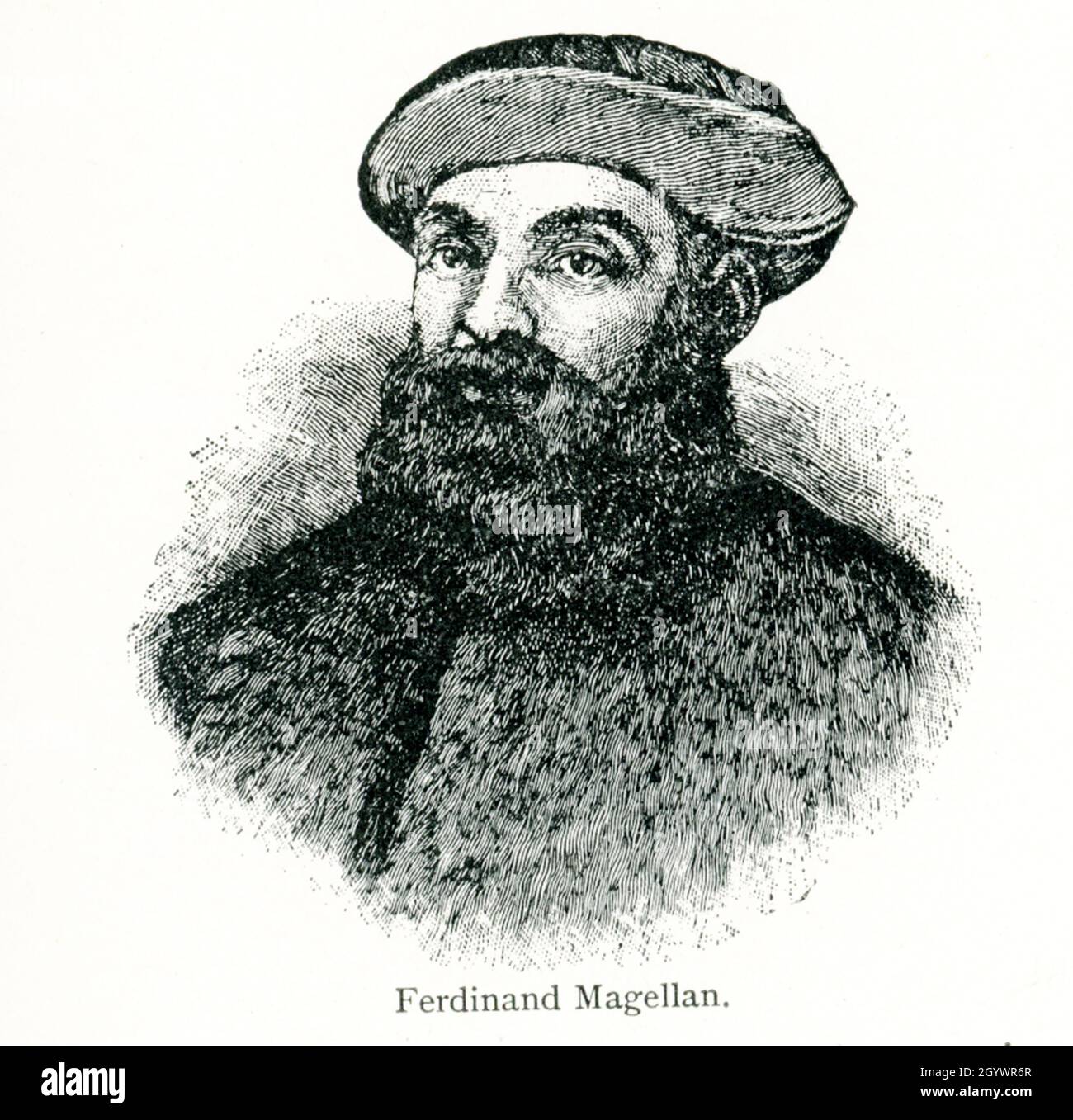 This illustration dates to 1902. Ferdinand Magellan was a Portuguese explorer who organized the Spanish expedition to the East Indies from 1519 to 1522, resulting in the first circumnavigation of the Earth, completed by Juan Sebastián Elcano. Magallanes y La Antarctica Chilena is the largest and southernmost region of Chile. Named for  Magellan, the Portuguese navigator, it became a colonial territory in 1853 and a province in 1929. Stock Photo