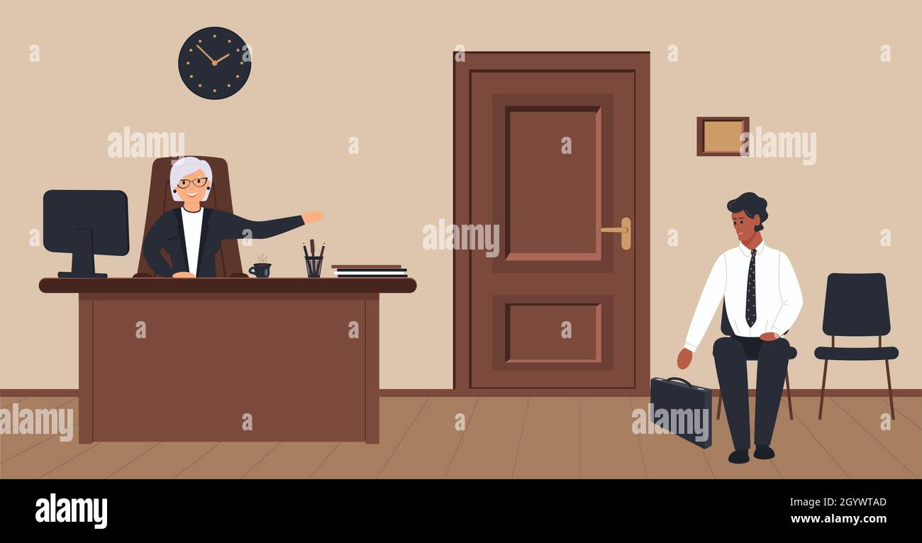 Office corridor on a cream background: reception with elderly secretary and waiting area with visitor on chair and wooden boards on floor.Door to cabi Stock Vector