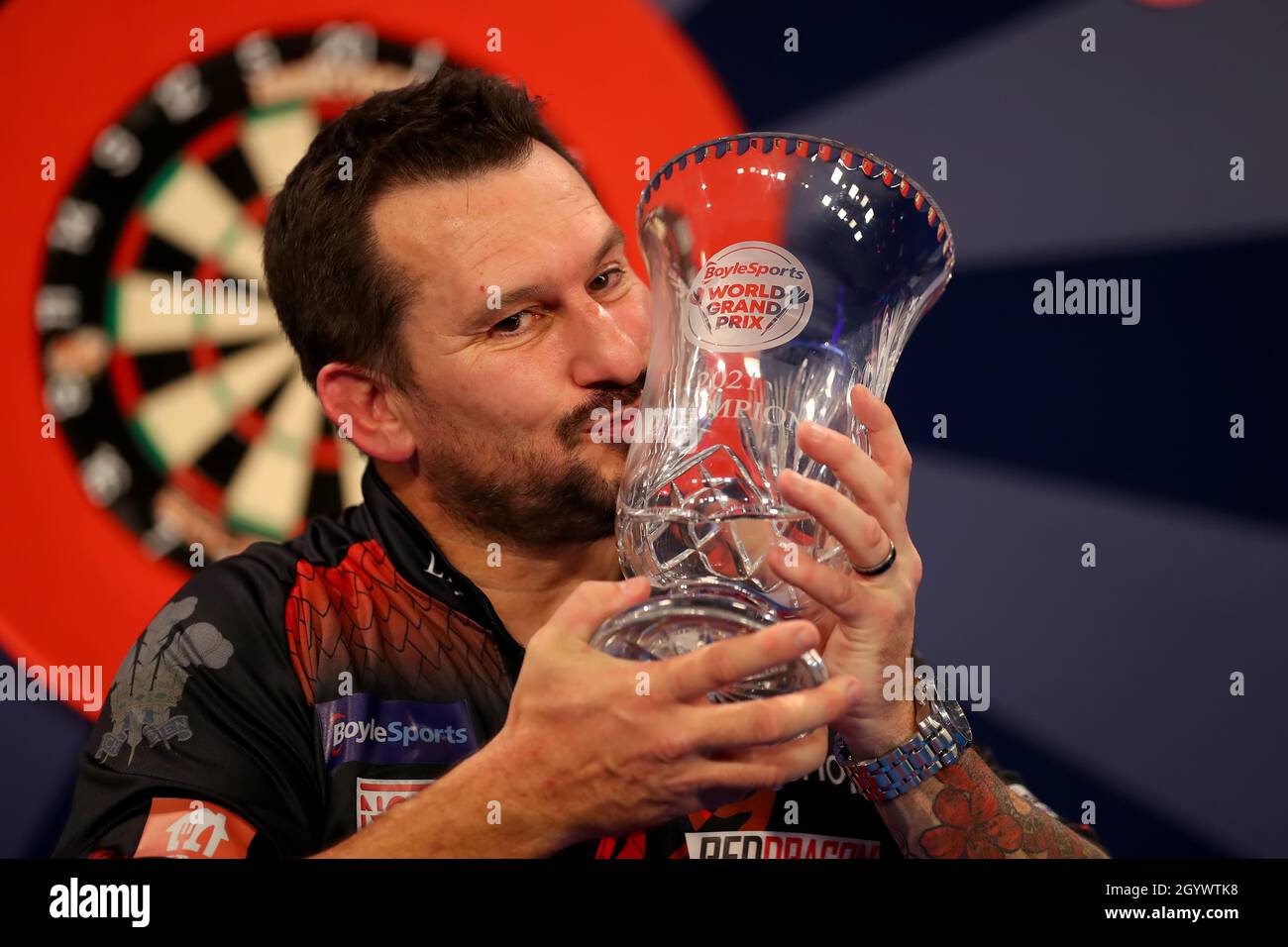 Morningside Arena, Leicester, UK. 9th Oct, 2021. PDC BoyleSports Darts  World Grand Prix finals ; Jonny Clayton is pictured with the the  Boylesports World Grand Prix trophy Credit: Action Plus Sports/Alamy Live