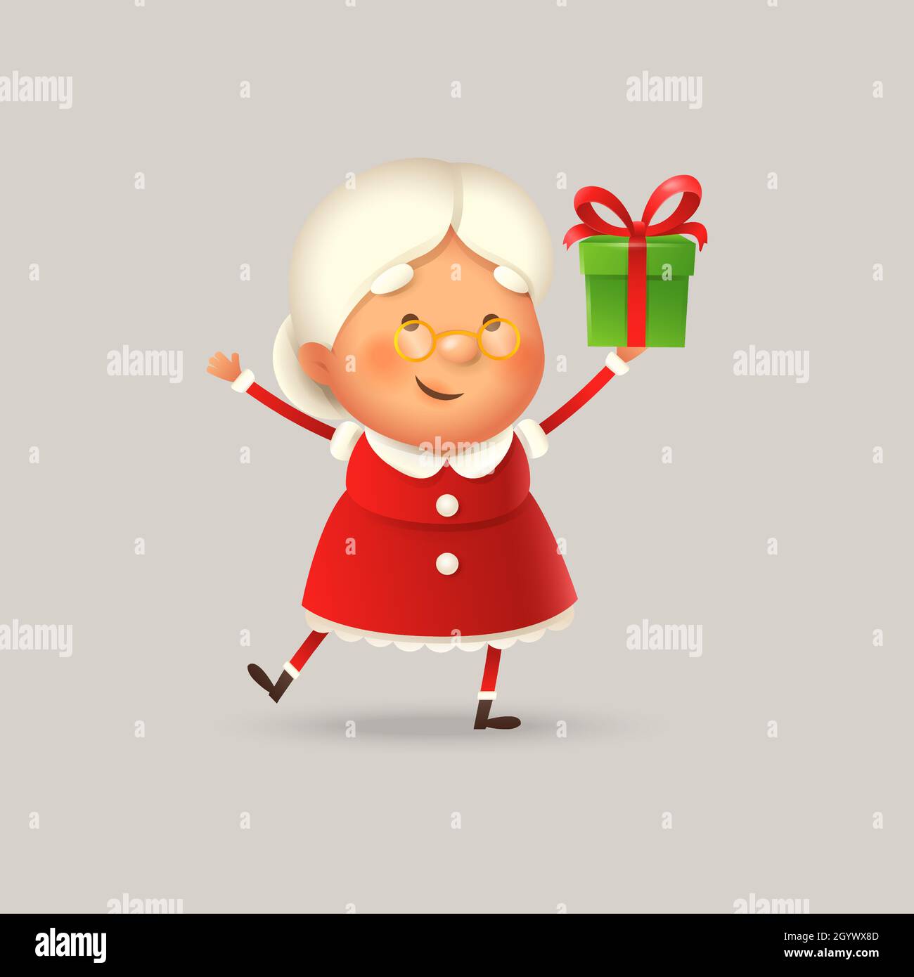 Cute and happy Mrs Claus with gift - vector illustration isolated Stock Vector