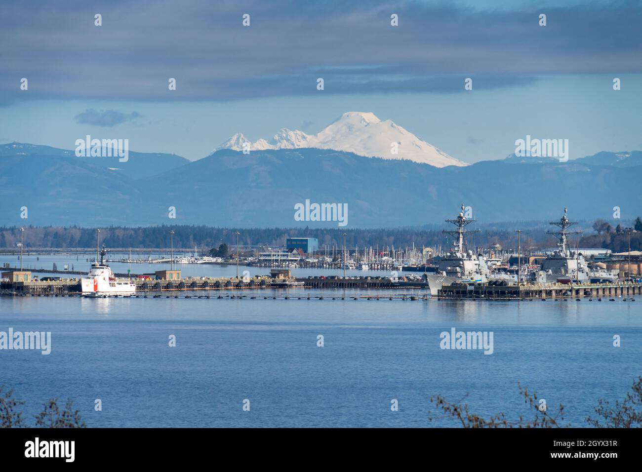 Everett WA. USA 04052021 Naval Station Everett (NAVSTA Everett) shows Naval and Cost Gard