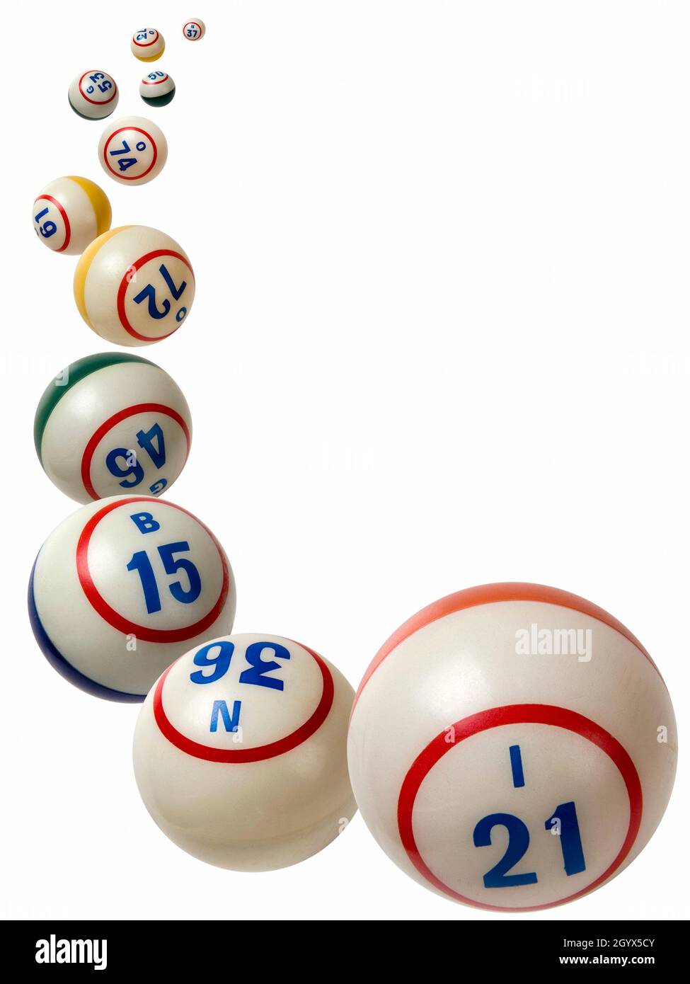 A collection of used falling bingo balls isolated on a white background