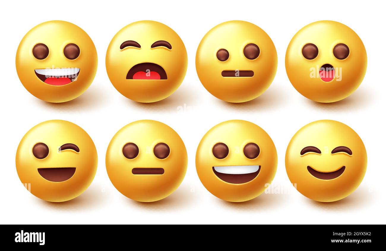 Emoji characters vector set. Emoticon 3d graphic design in happy and upset facial expression isolated in white background for cartoon collection. Stock Vector
