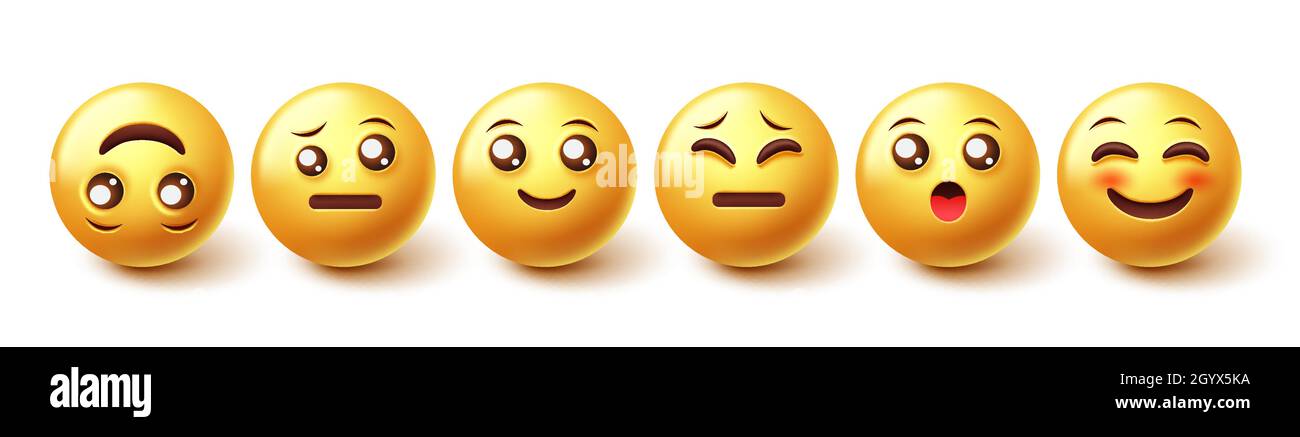 Emoji characters vector set. Emoticons happy, sad and surprised in yellow face icon collection for 3d emojis reaction graphic design. Stock Vector