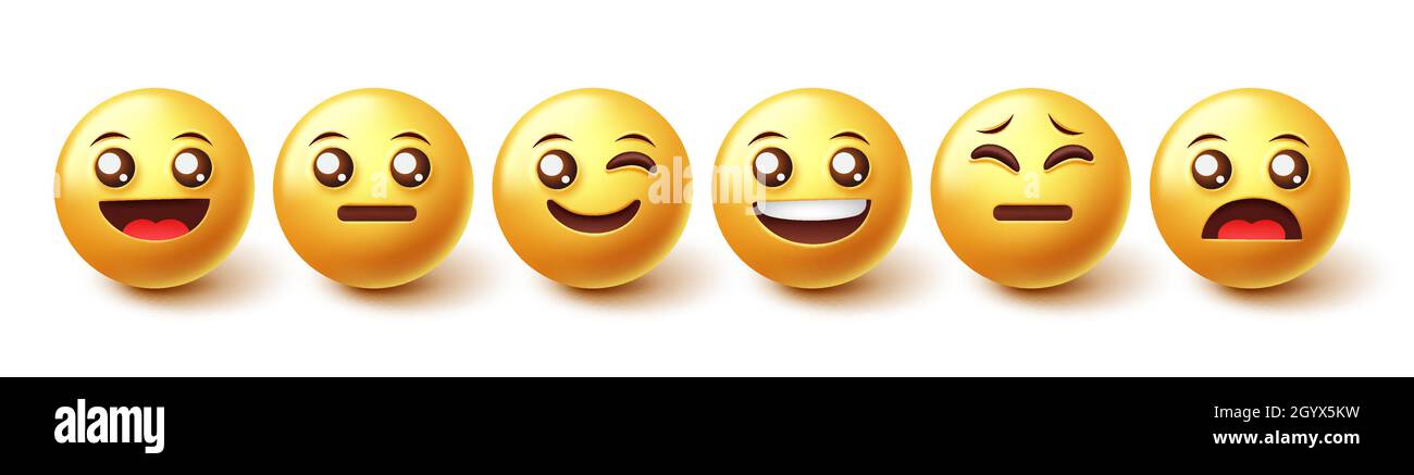 Emoji characters vector set. Emoticons happy, jolly and sad expression in yellow face element for facial collection isolated in white background. Stock Vector