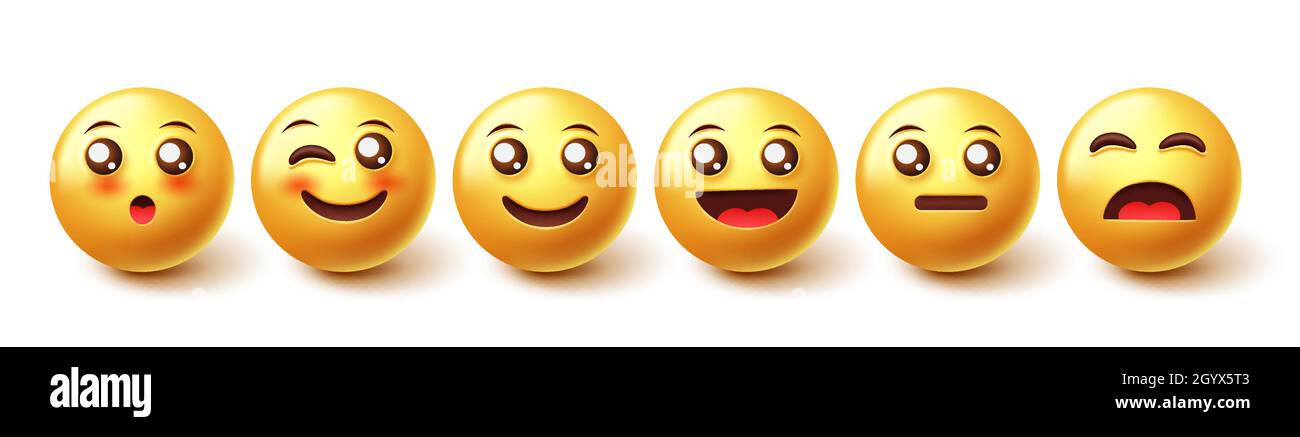Emoji characters vector set. Emoticon 3d character in happy and smiling reactions in yellow face design for emojis facial expression collection. Stock Vector
