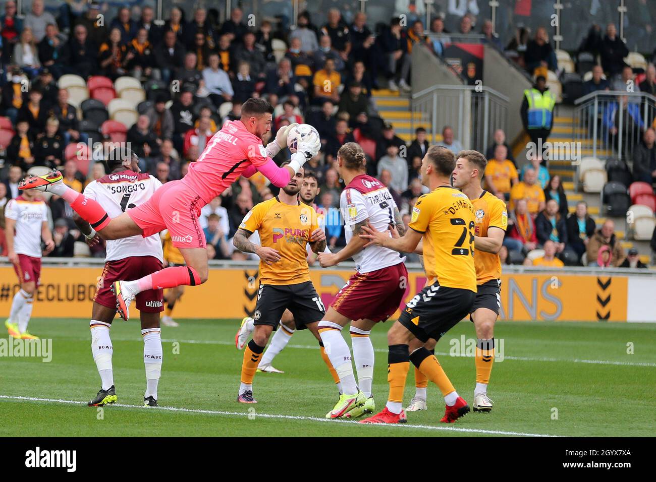 Newport, UK. 09th Oct, 2021. Richard O'Donnell, the goalkeeper of Bradford City makes a save to deny Newport county. EFL football league two match, Newport county v Bradford City at Rodney Parade in Newport, Wales on Saturday 9th October 2021. this image may only be used for Editorial purposes. Editorial use only, license required for commercial use. No use in betting, games or a single club/league/player publications. pic by Andrew Orchard/ Credit: Andrew Orchard sports photography/Alamy Live News Stock Photo