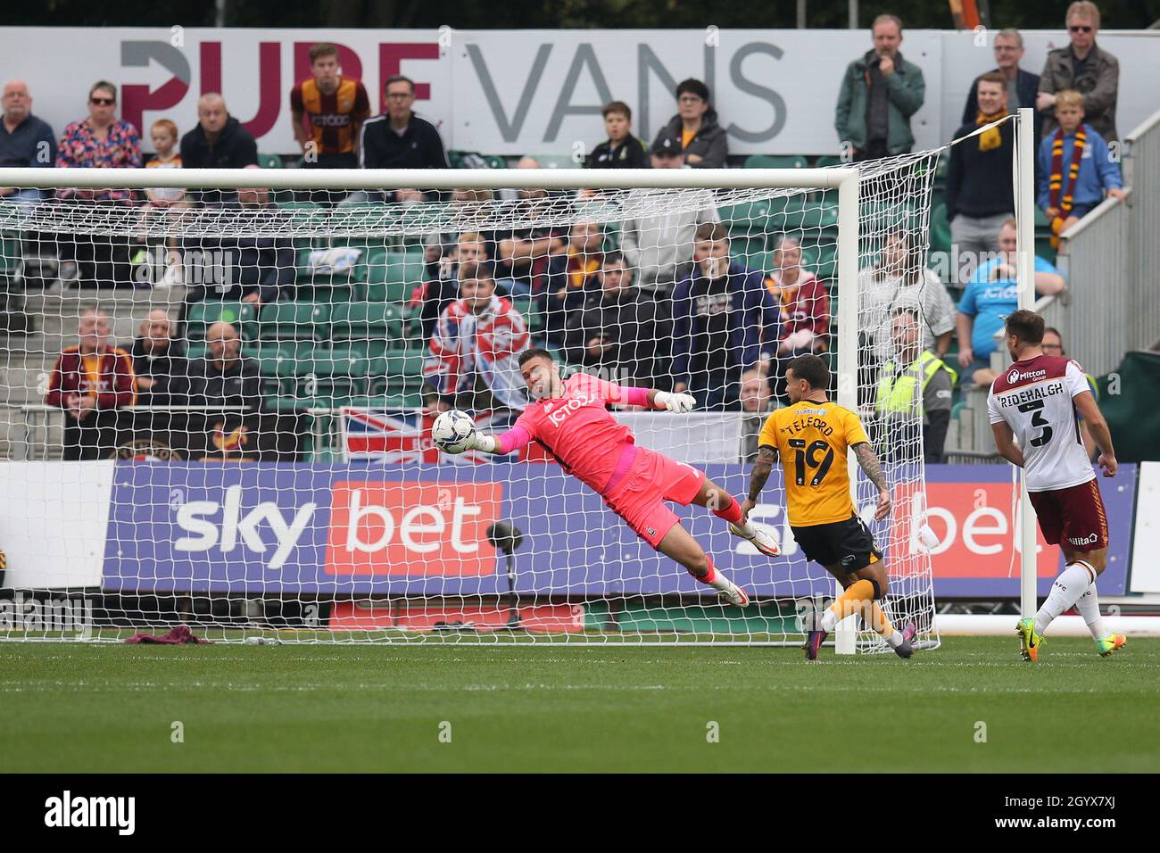 Newport, UK. 09th Oct, 2021. Richard O'Donnell, the goalkeeper of Bradford City makes a save to deny Newport county. EFL football league two match, Newport county v Bradford City at Rodney Parade in Newport, Wales on Saturday 9th October 2021. this image may only be used for Editorial purposes. Editorial use only, license required for commercial use. No use in betting, games or a single club/league/player publications. pic by Andrew Orchard/ Credit: Andrew Orchard sports photography/Alamy Live News Stock Photo