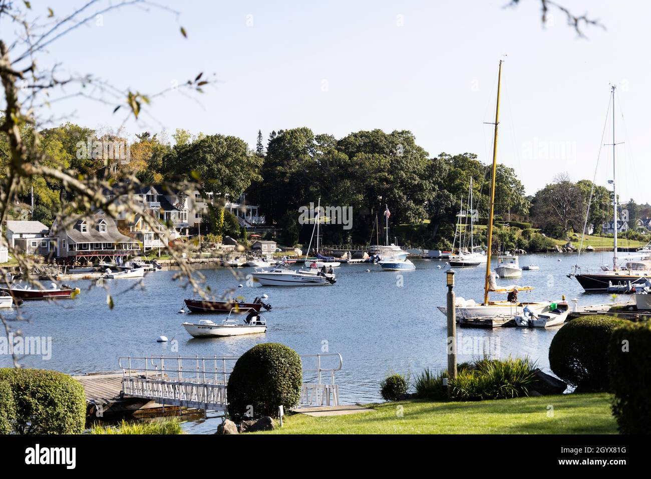 Sailboats and houses at Lobster Cove at Annisquam in Gloucester, Massachusetts, USA Stock Photo