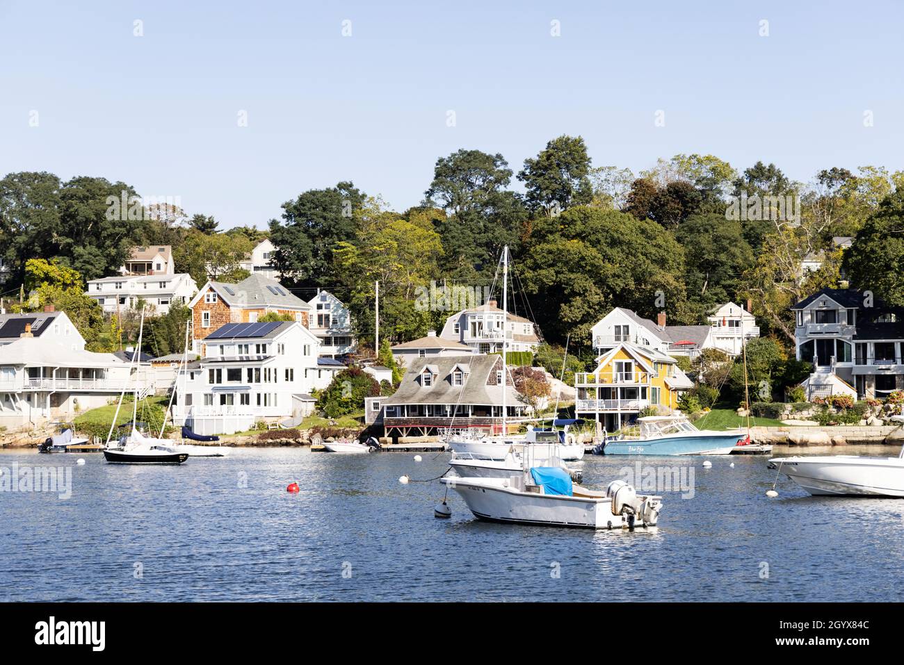 Houses and boats at Lobster Cove at Annisquam in Gloucester