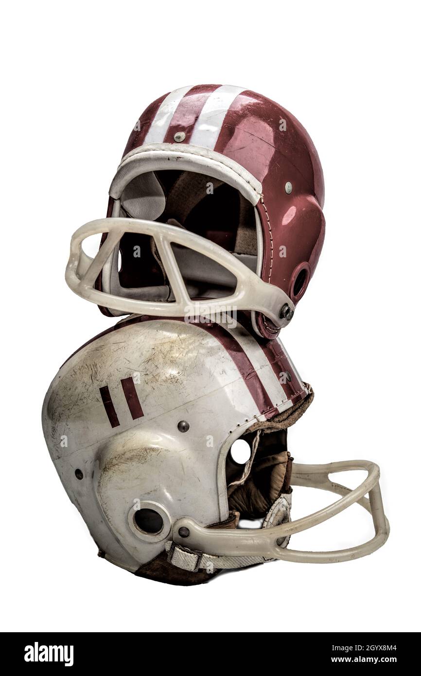 Vintage Boys Football Helmets and Leather Shoulder Pads Stock Photo Alamy