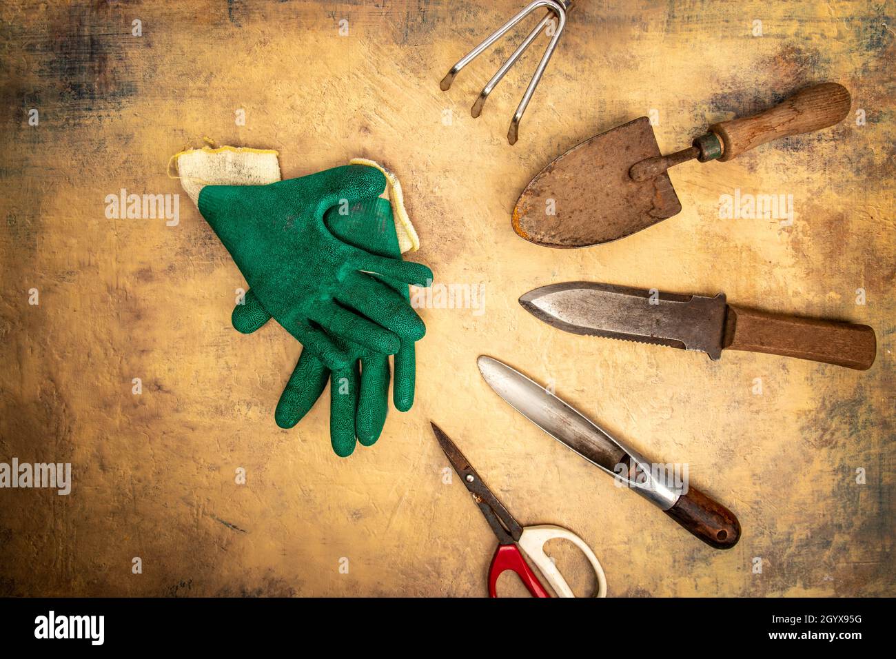 Rusty Garden Tools Lay Flat Stock Photo