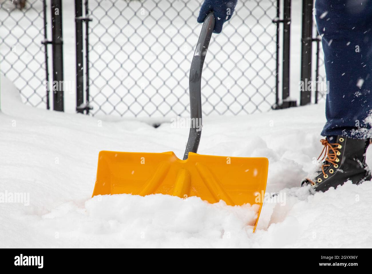 Snow Shovel Close-Up Person Shoveling Snow off Walk Way Stock Photo