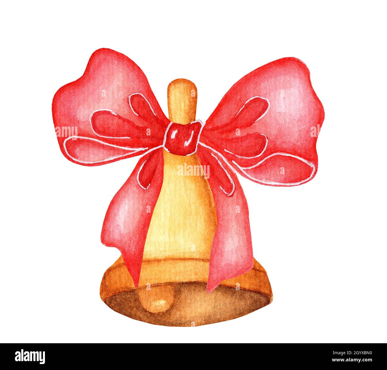 Gold metal bell with red bow isolated on white background. Watercolor ...