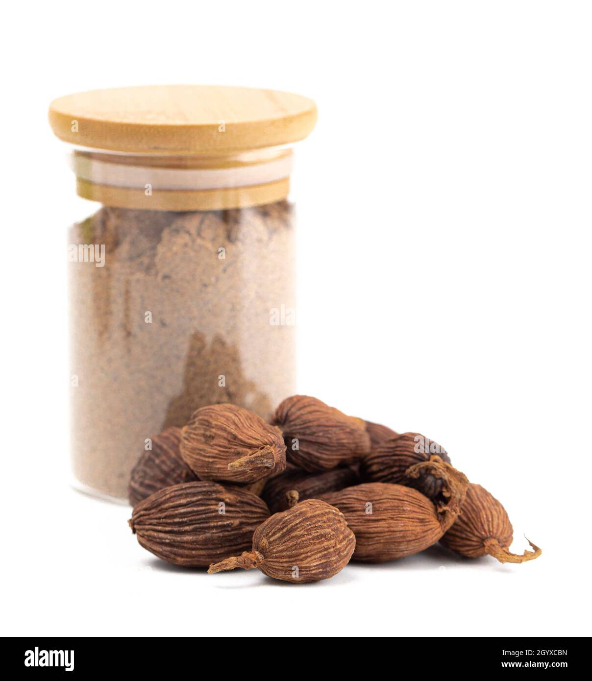 Spice Jars with Cardamom Powder and Black Cardamom Pods Stock Photo Alamy