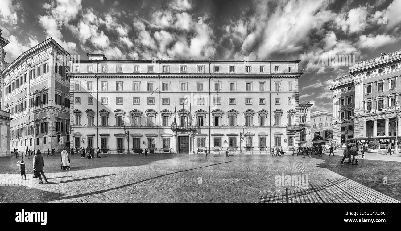 ROME - NOVEMBER 18: Panoramic view of Palazzo Chigi, iconic building in central Rome, Italy, November 18, 2018. It is the official residence of the Pr Stock Photo