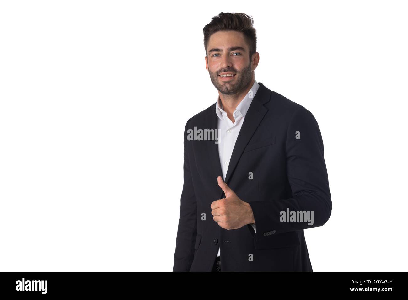 Portrait of young handsome business man in black suit smiling and ...