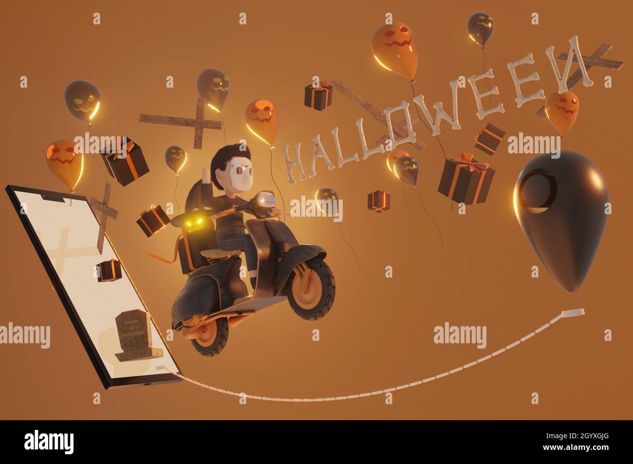 3d illustration. Halloween  background . give voucher, banner, poster or background, paper art and craft style, online shopping concept. Stock Photo