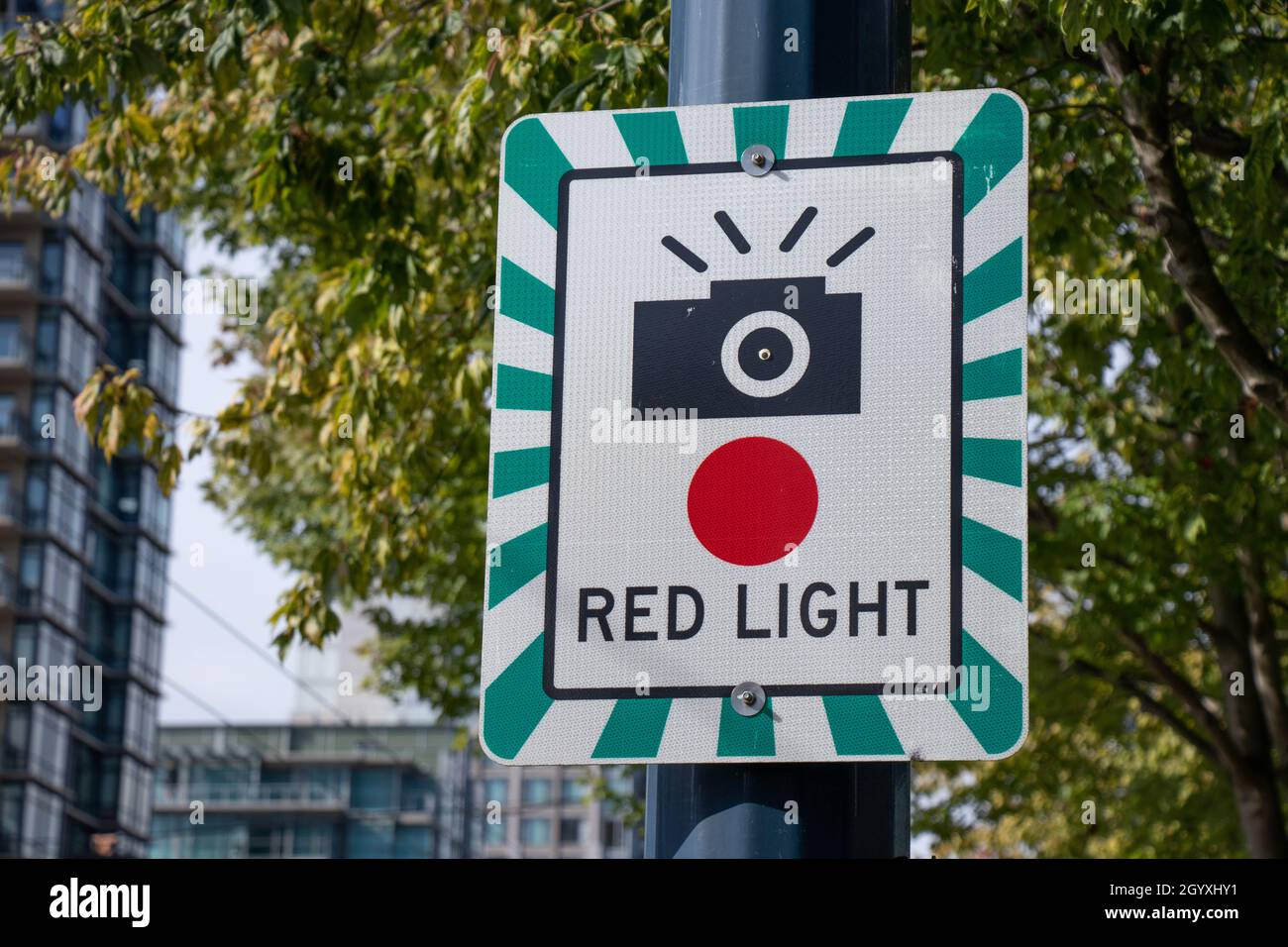 View of sign Red Light Camera on West Street in downtown