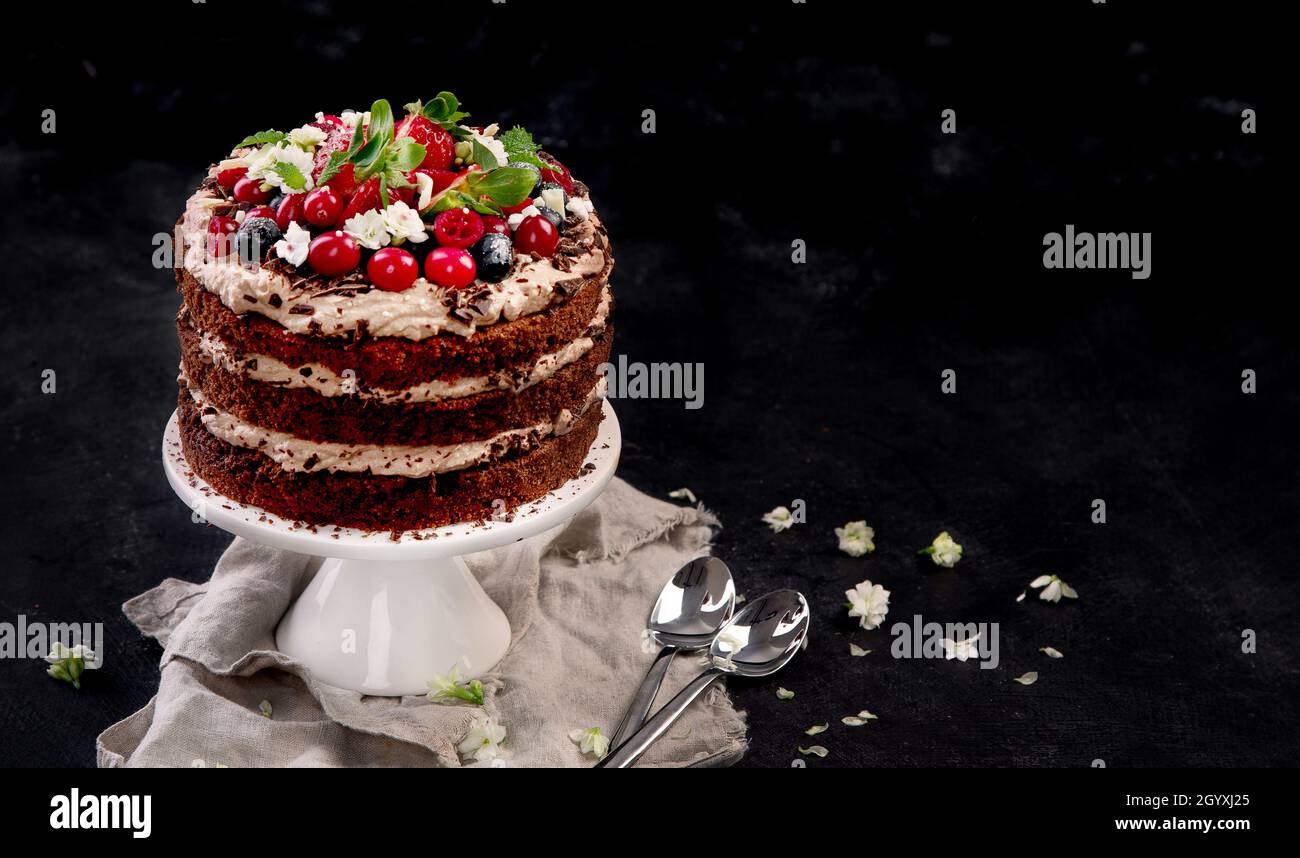 Delicious homemade chocolate cake with fresh berries and mascarpone cream on dark background. Top view, copy space Stock Photo