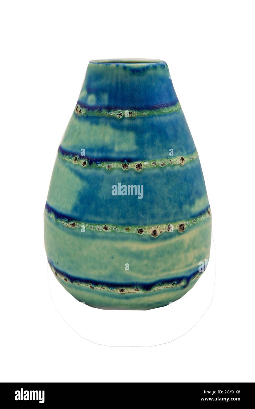 Beautiful blue ceramic vase handmade isolated on white background with ...