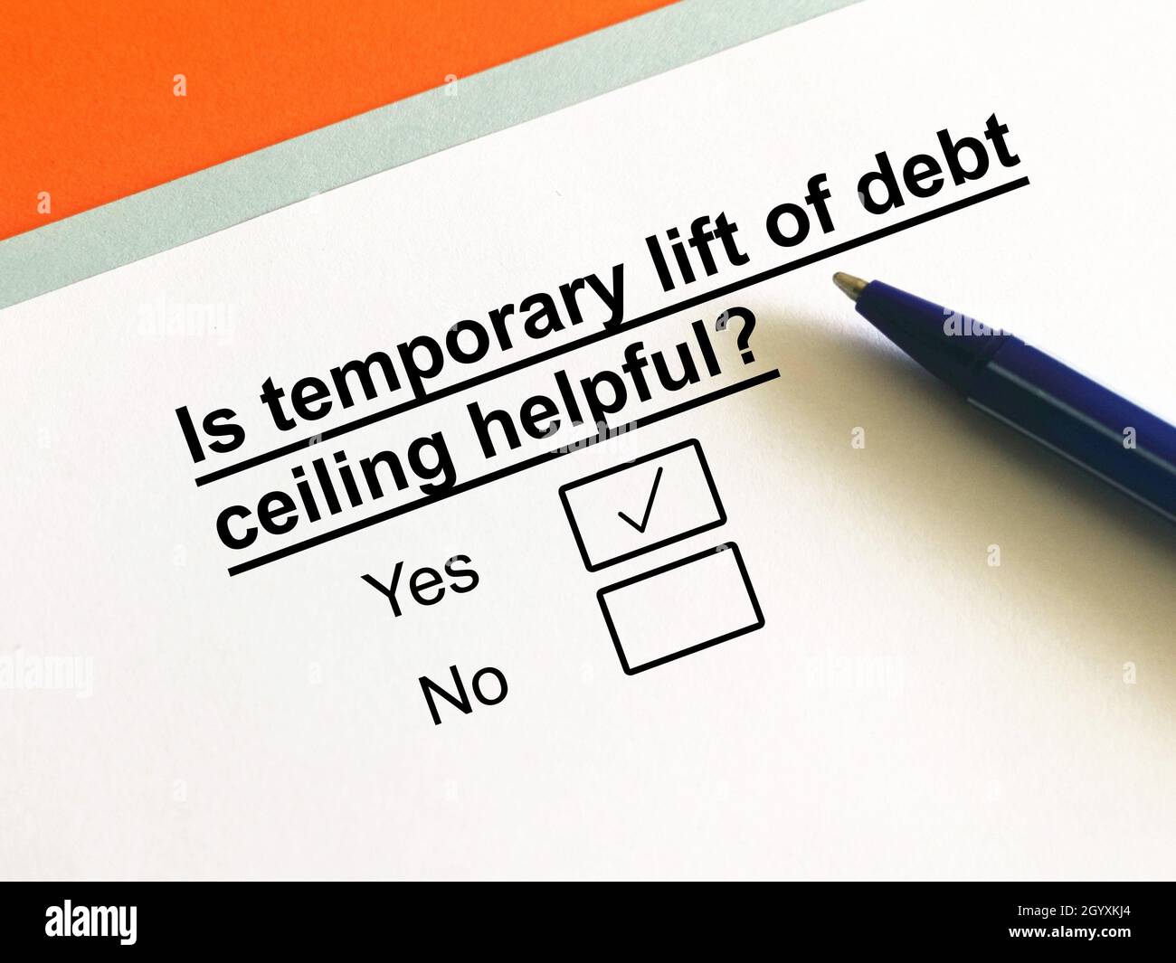 One person is answering question about economy.The person thinks the temporary lift of debt ceiling is helpful. Stock Photo