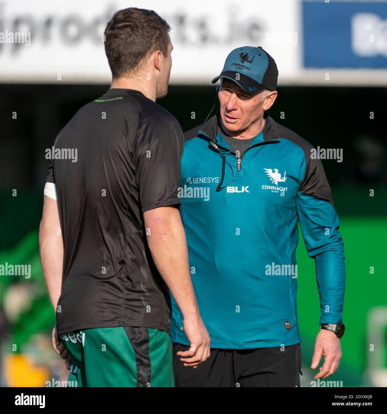 Connacht Head Coach Andy FRIEND talks to Tom FARRELL of Connacht during ...