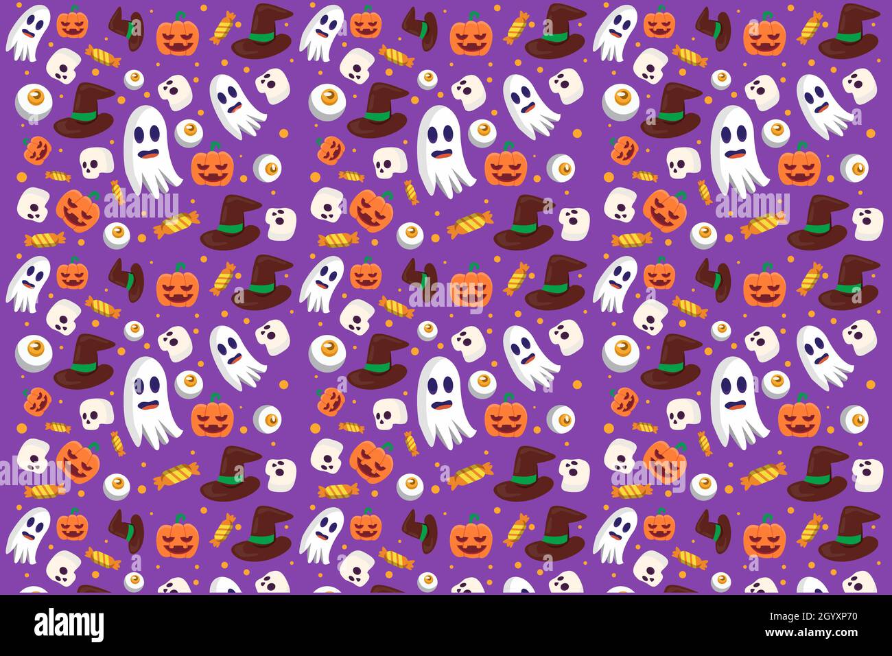halloween pattern flat design with, skull, pumpkin, witch hat, candy, and eyeball Stock Vector