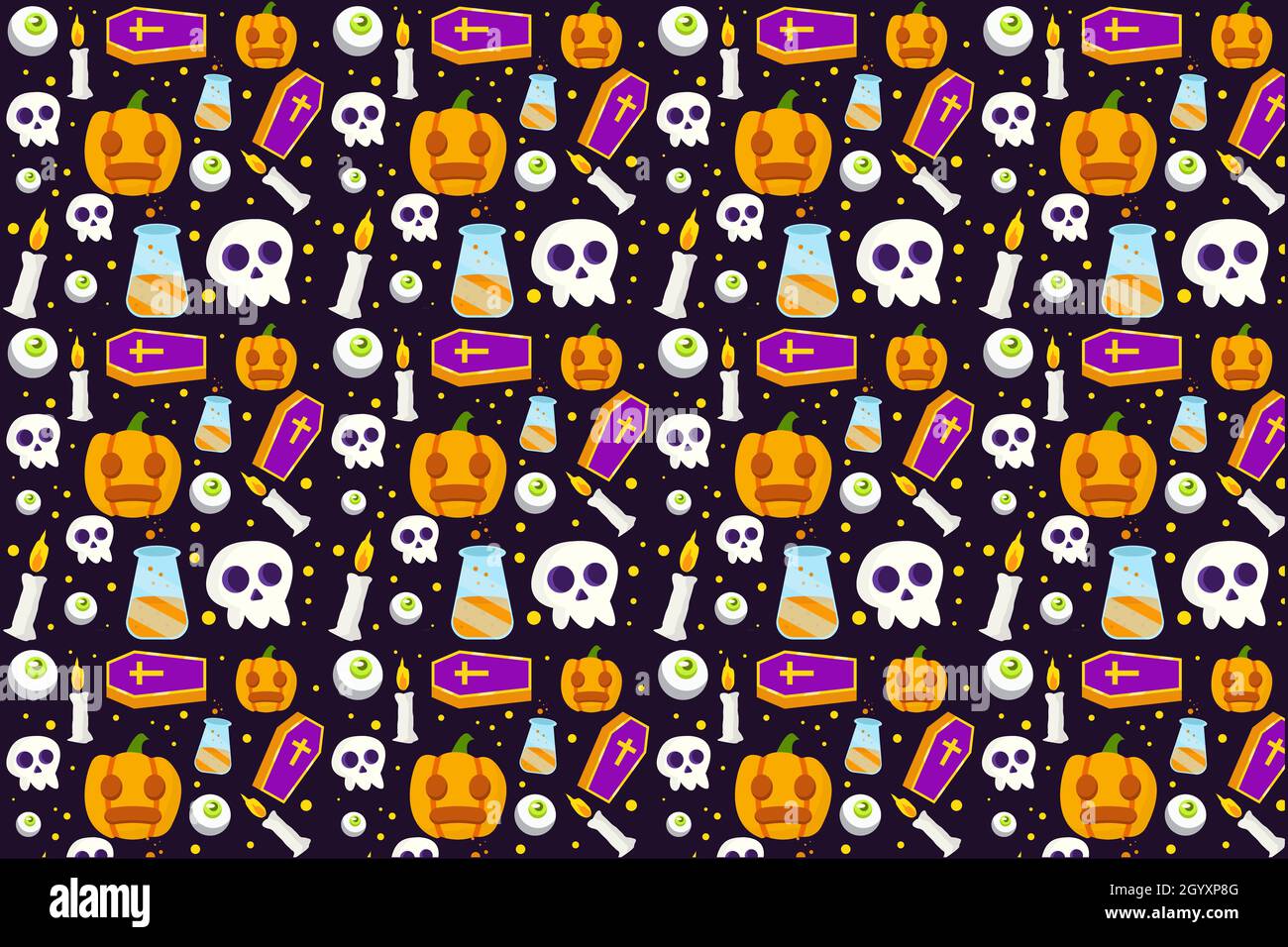 vector halloween pattern with skull, coffin, candle, pumpkin, and eyeball Stock Vector