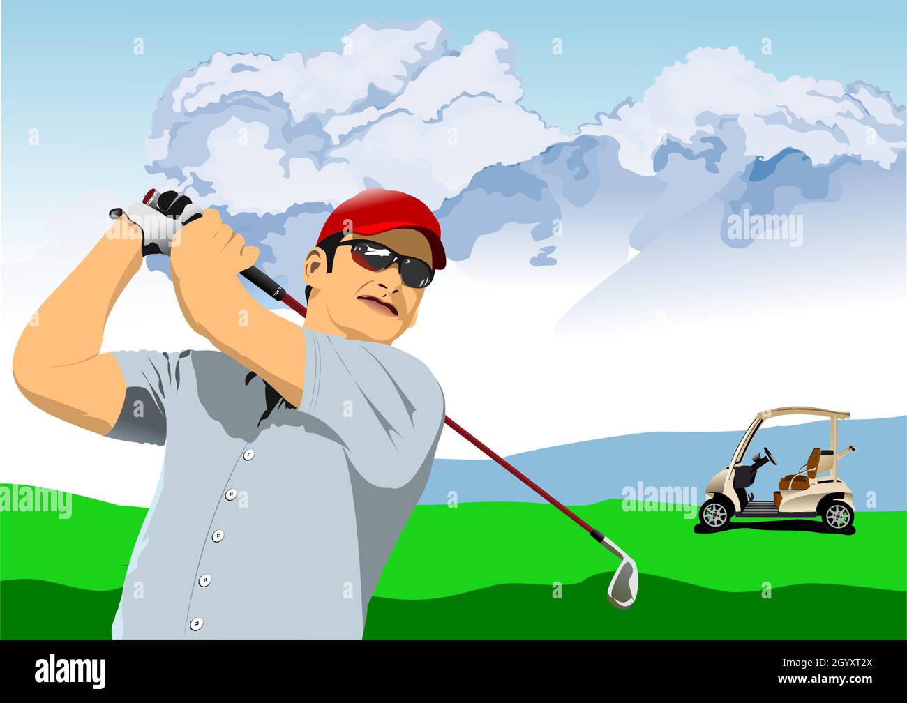 Golf club background with golfer and electric car. Vector 3d ...