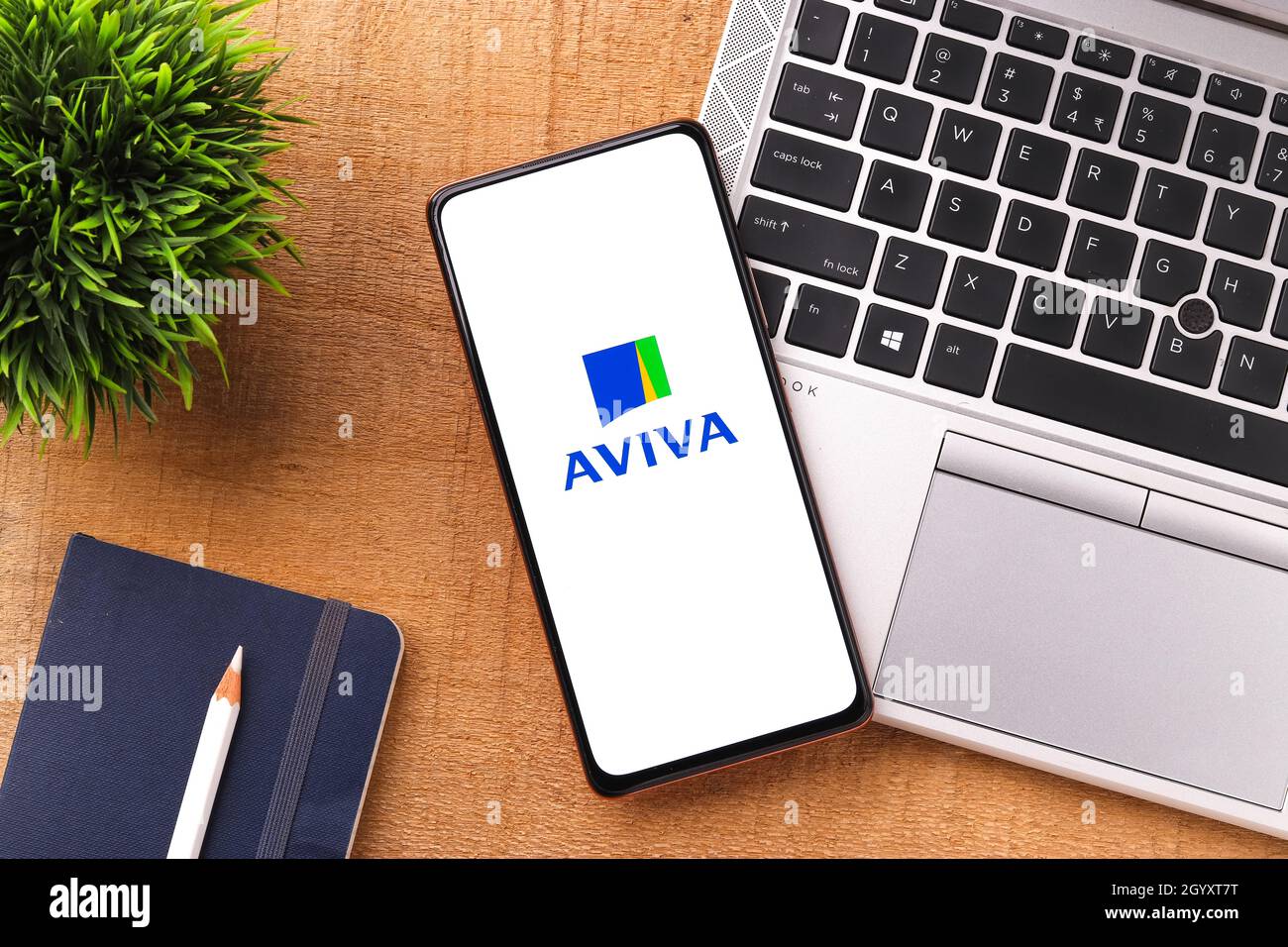 West Bangal, India - October 09, 2021 : Aviva logo on phone screen stock image. Stock Photo