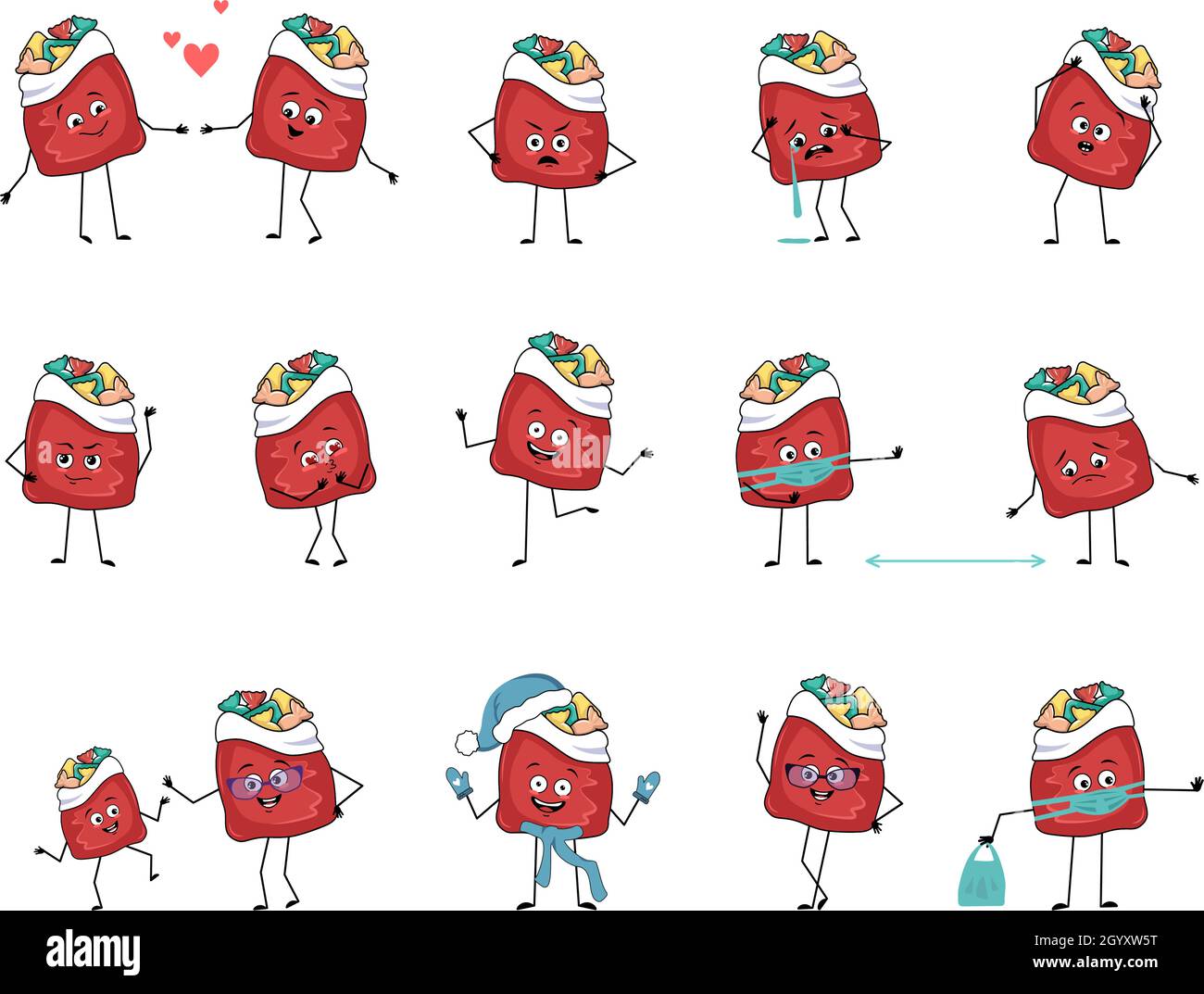 Set of cute red bag character with New Year gifts with emotions, face, arms and legs. Cheerful or sad festive decoration for Christmas falls in love, keep distance in mask, dance in Santa hat Stock Vector