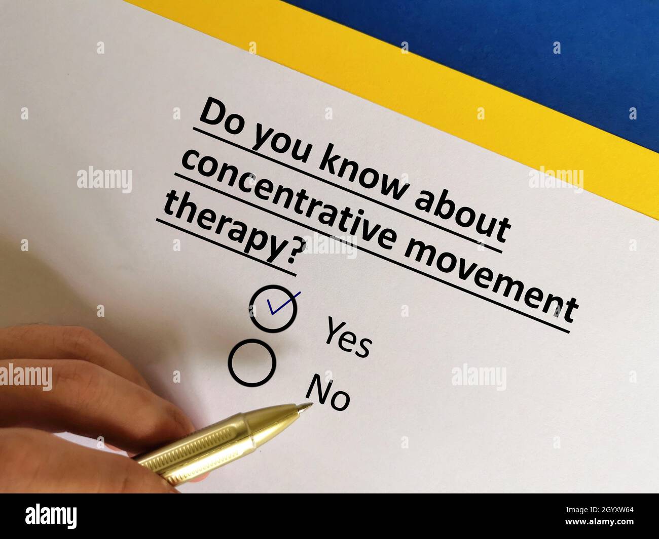 One person is answering question about psychotherapy. The person knows about conventrative movement therapy Stock Photo