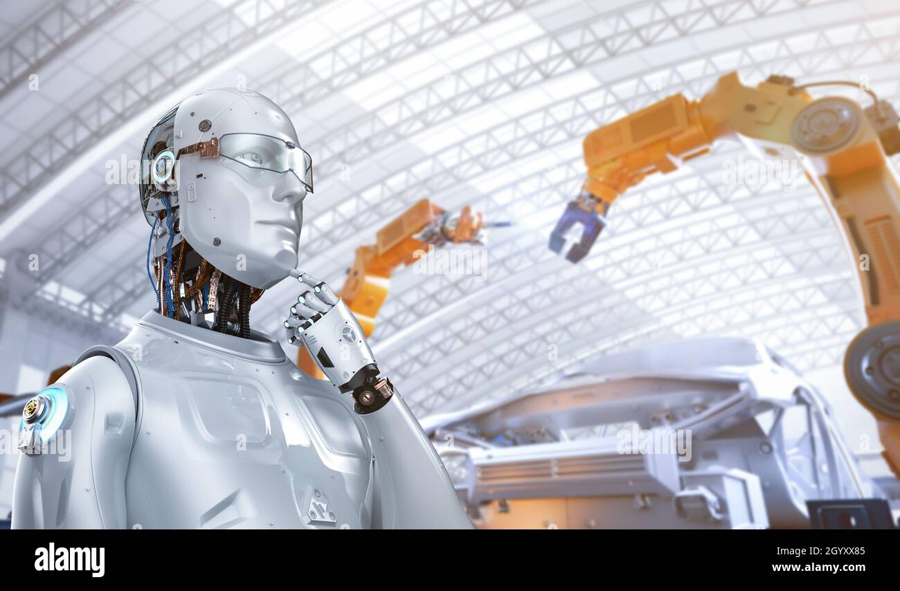 Automation factory with 3d rendering robot control robot arm in factory Stock Photo