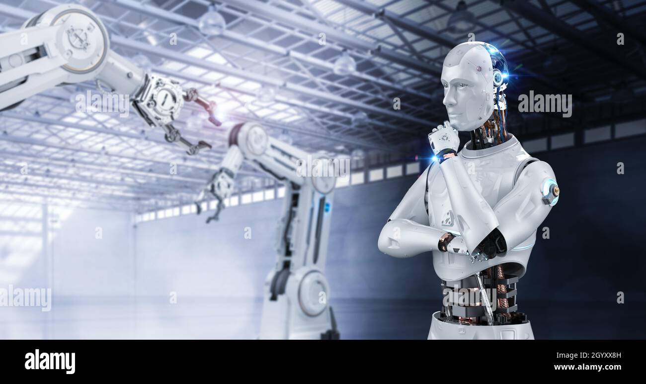 Automation factory with 3d rendering robot control robot arm in factory Stock Photo