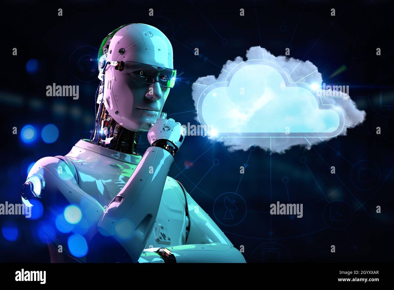 Cloud computing technology concept with 3d rendering robot and graphic ...