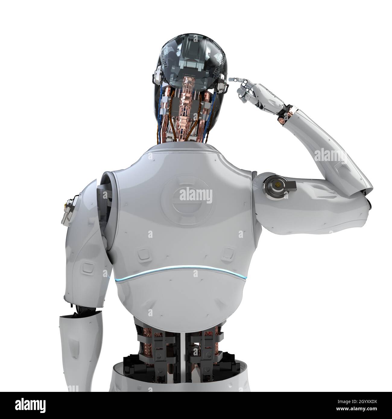 3d rendering rear view ai robot computing or analyzing isolated on