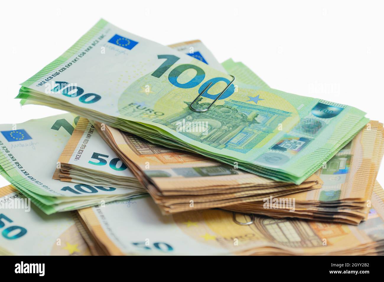 A stack of bundled euro banknotes Stock Photo